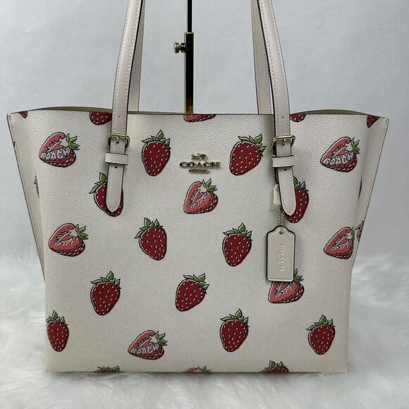 Coach Mollie Tote Bag With Strawberry Print In Canvas/Gold/Chalk CAQ65 NWT - Picture 2 of 9